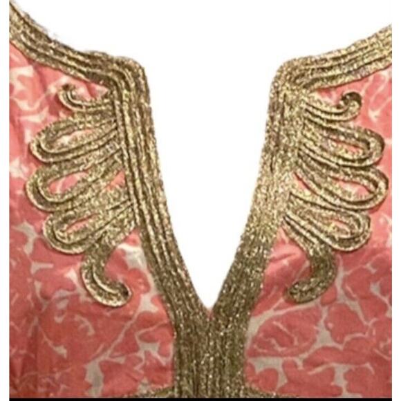 Lilly Pulitzer Janice Coral Pink White Shift Dress Gold Embroidered V Neck Sz 2 - Picture 3 of 11